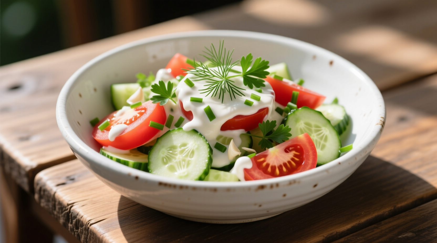 Creamy tomato cucumber salad in white bowl