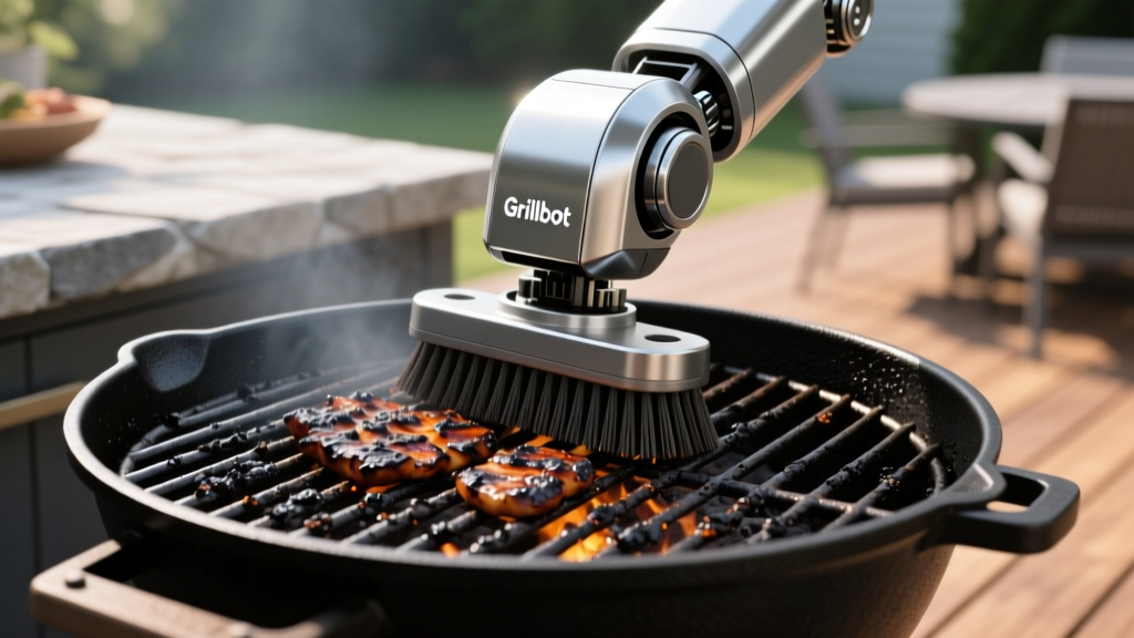 Close-up of a robotic Grillbot automatic grill cleaner navigating black cast iron grill grates covered in charred barbecue residue