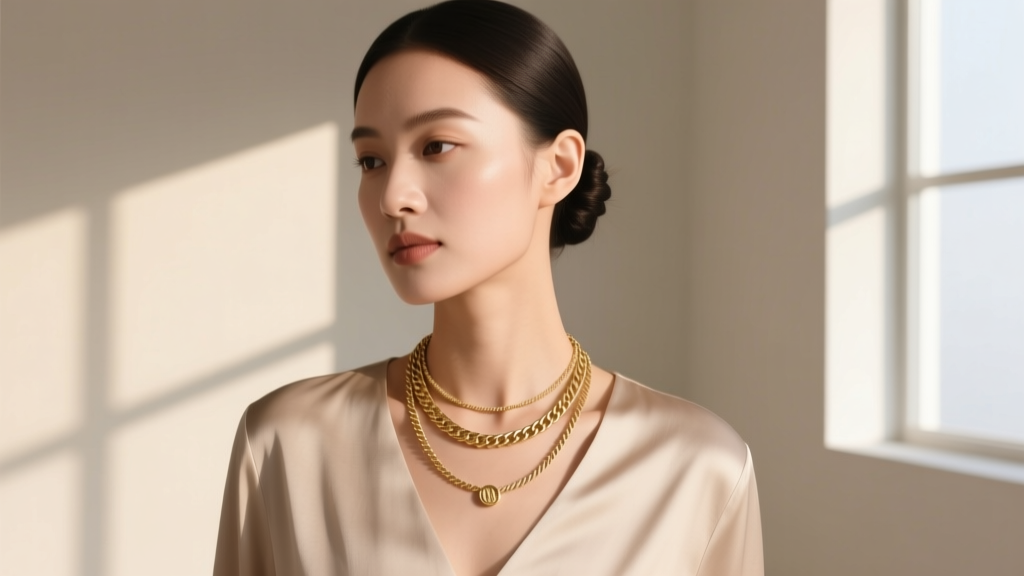 Elegant woman wearing a layered necklace stack featuring a 7mm gold San Marco chain paired with a delicate solid cable chain.