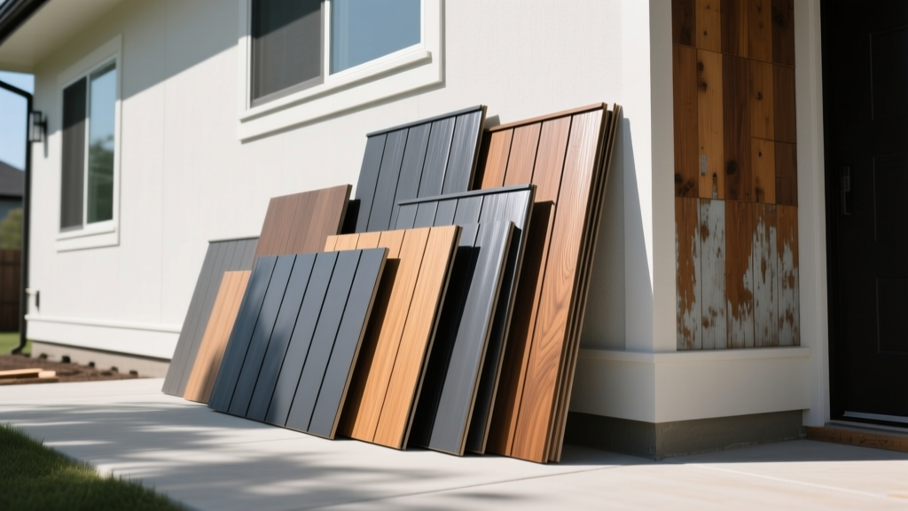 Stacks of varied vinyl siding material panels in slate gray and cedar textures leaning against a house exterior during a cost-estimation phase