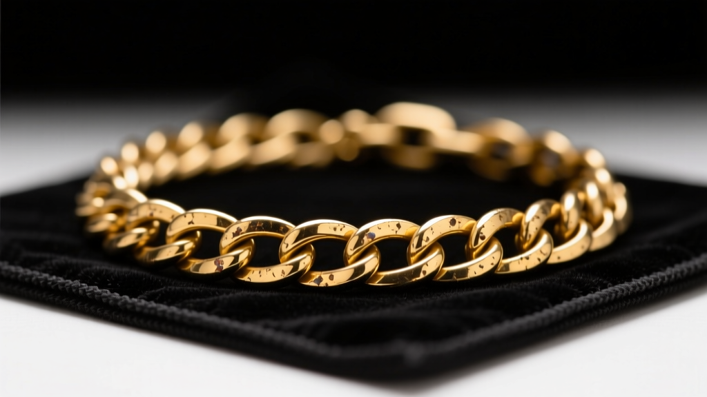 Close-up of a tarnished 14k gold curb chain link necklace resting on a dark velvet cleaning mat under bright studio lighting.