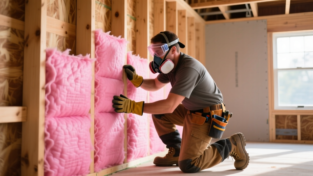 Professional installer wearing PPE carefully fitting pink fiberglass batts between wooden wall studs in a residential framing project