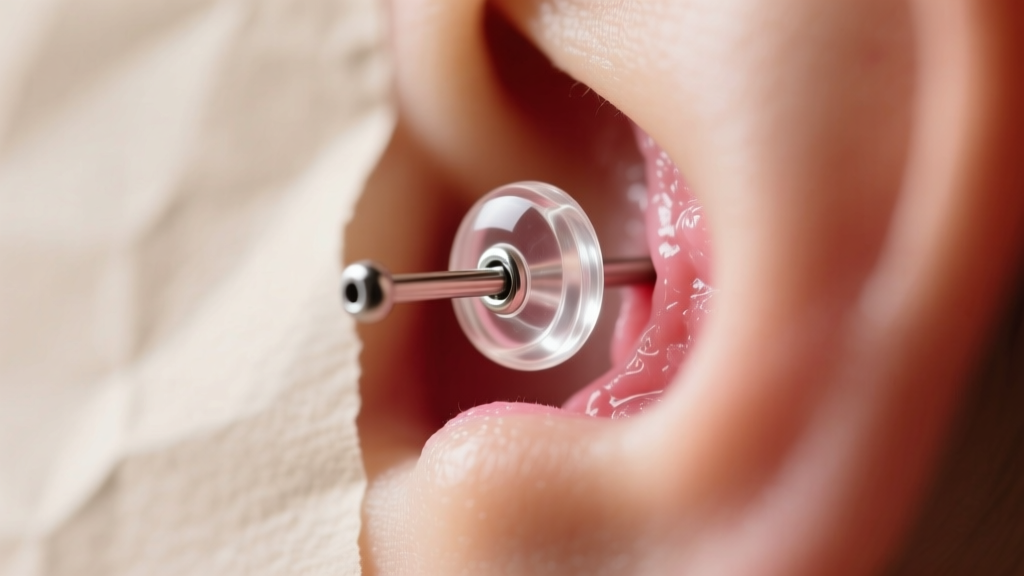 Macro photography of a 16-gauge helix cartilage piercing with a clear glass retainer, highlighting healthy fistula tissue edges.