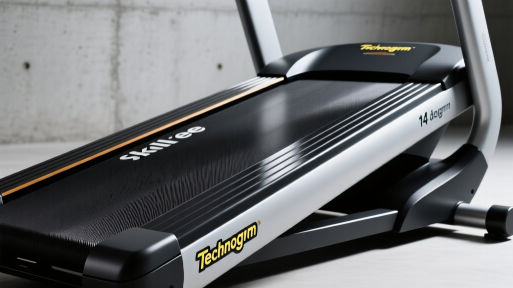 Close-up of the Technogym Skillmill slat belt and curved deck showing the 14-degree incline designed for explosive sprint mechanics