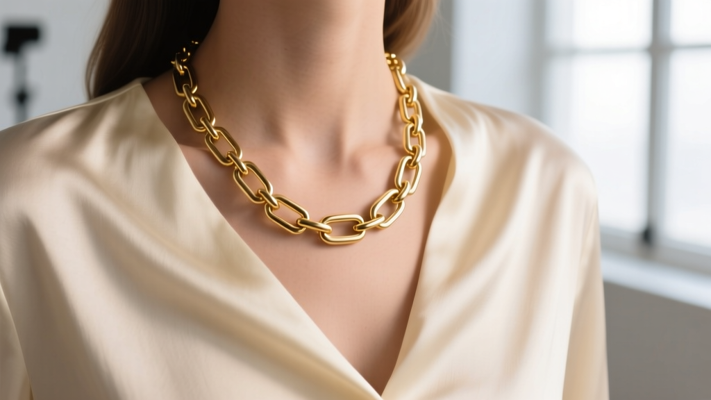 Close-up of Miranda Frye Ashleigh necklace on cream silk blouse, highlighting gold-plated paperclip chain links.