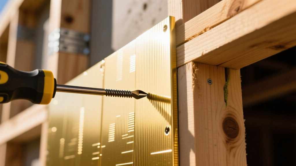 Close-up of golden fiberglass-faced DensGlass gypsum sheathing panels being screwed into exterior wood wall framing by a contractor
