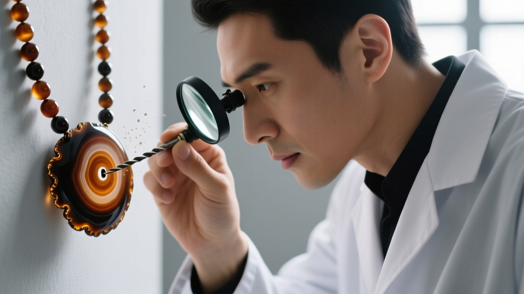 Jeweler using a loupe to inspect a drill hole on a brown agate bead necklace, checking for dye buildup and natural stone banding.