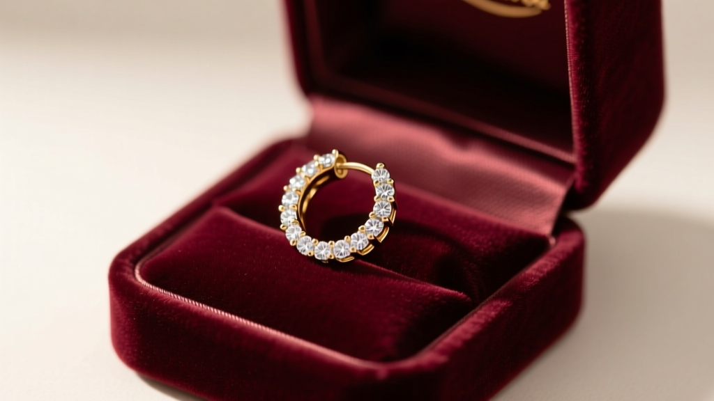 Velvet gift box open to reveal a 20mm 14k white gold hoop diamond earring sparkling under warm, directional studio lighting.