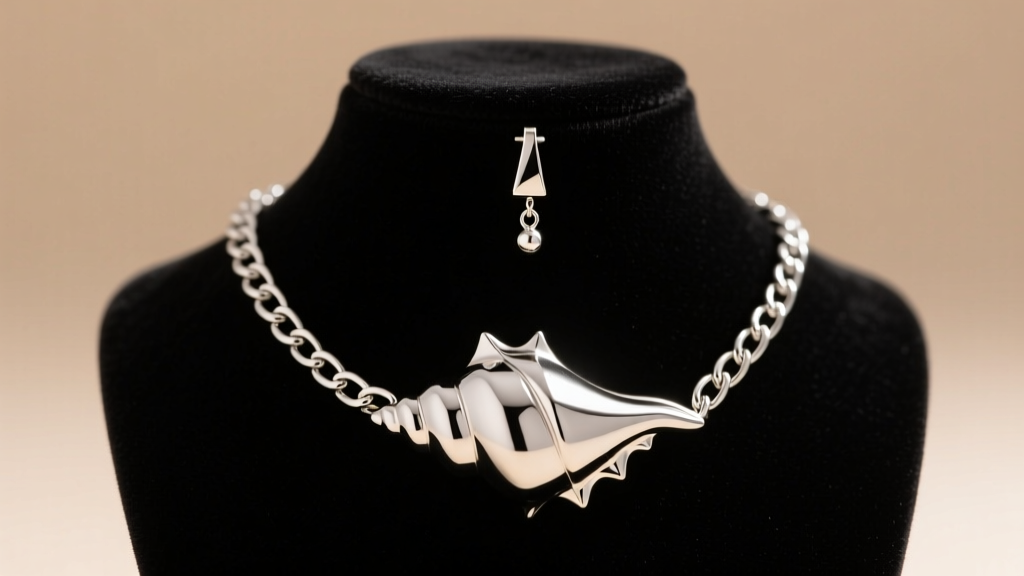 Silver illusion chain earring connecting a lobe stud to a faux conch cuff, displayed on a velvet jewelry bust in studio lighting