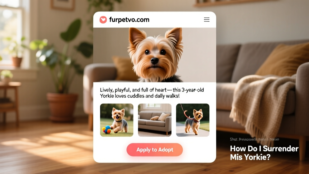 Screenshot-style image showing a friendly Yorkie profile page on furpetvo.com, with photos, bio, and 'Apply to Adopt' button