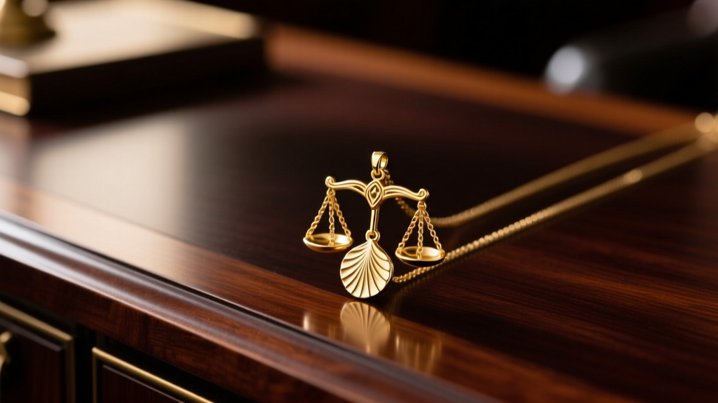 Close-up of a gold vermeil scales of justice pendant resting on a dark mahogany desk, illuminated by soft warm directional lighting