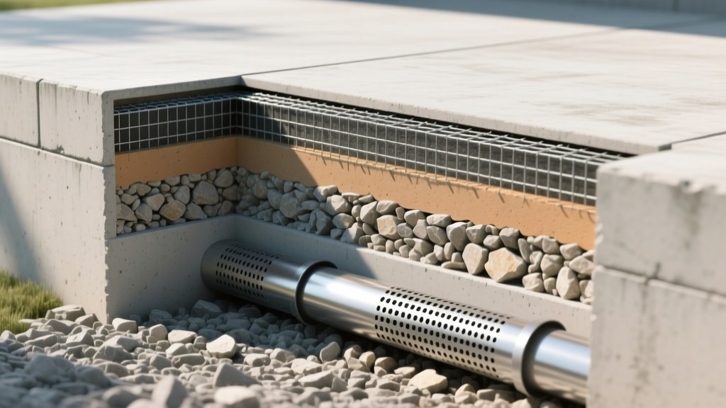 Cross-section diagram of a segmental retaining wall showing geogrid reinforcement, crushed stone backfill, and perforated drainage pipe