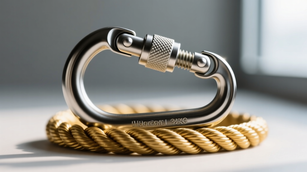 Macro photo of a titanium locking carabiner clasp on a thick gold rope chain, highlighting the secure screw lock.
