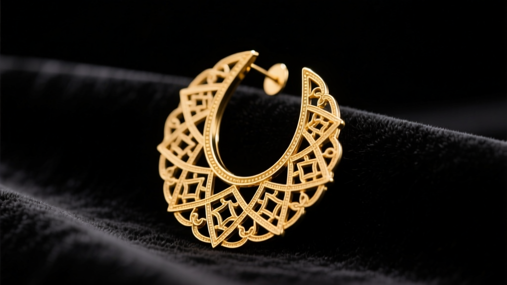 Oversized gold statement earring on dark velvet, highlighting extreme size and intricate metalwork under soft studio lighting.