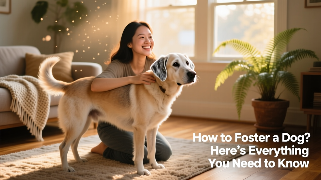 A smiling woman kneeling beside a gentle senior dog in a sunlit living room