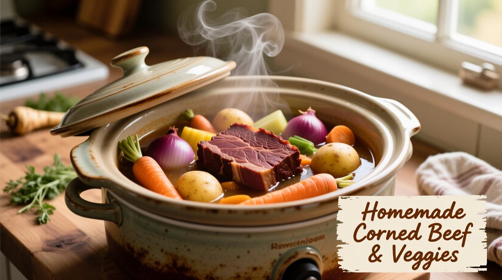 Slow cooker filled with corned beef brisket and fresh vegetables