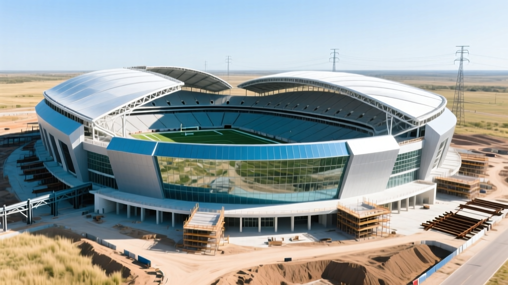 Wide aerial view of the massive retractable roof and glass endzones of a colossal modern football stadium under construction in Texas
