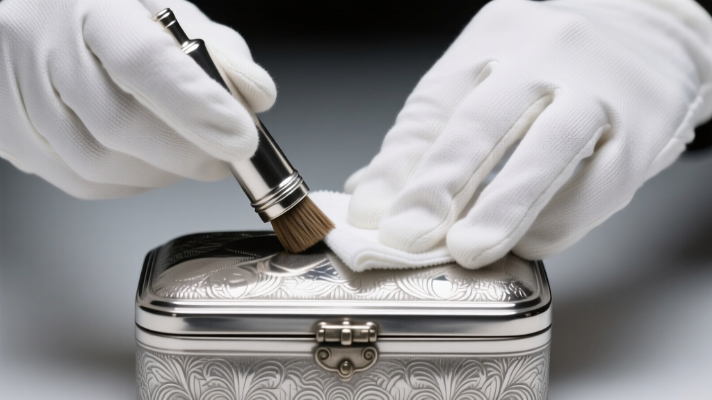 Hands in white cotton gloves applying metal polish to a pewter box lid with a microfiber cloth under bright studio lighting.