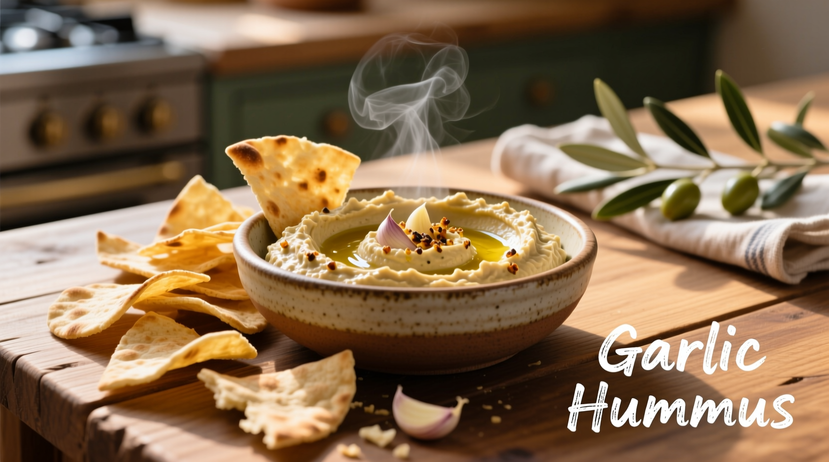 Creamy garlic hummus in bowl with pita chips