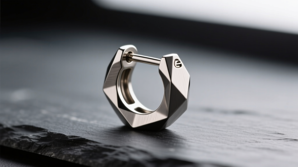 Macro shot of an 18-gauge titanium geometric hoop stud earring on dark slate, highlighting the precision post and friction notch.