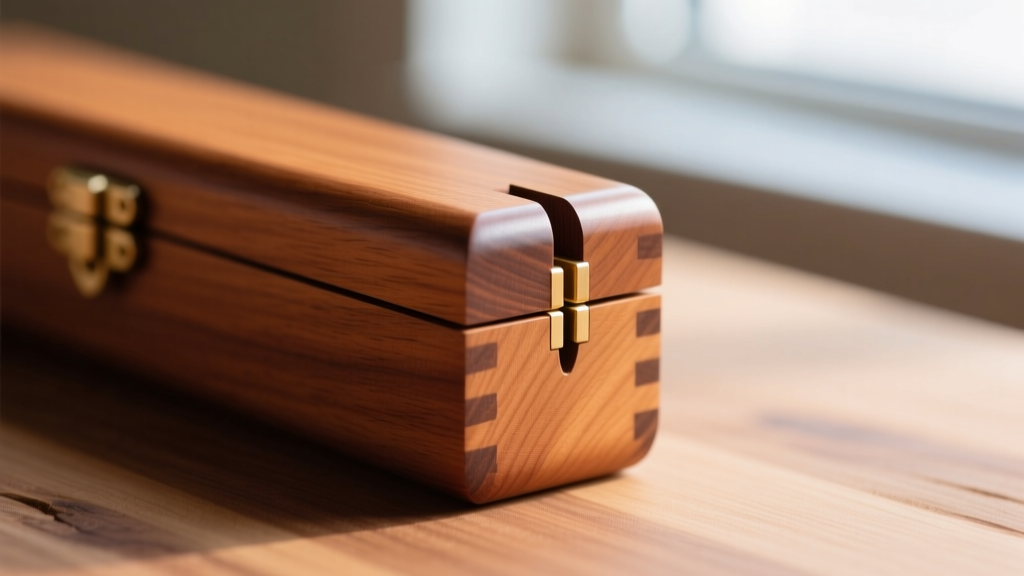 Macro shot of blind dovetail joinery on a cherry wood jewelry box corner, showing tight gaps and smooth, sanded end-grain edges.