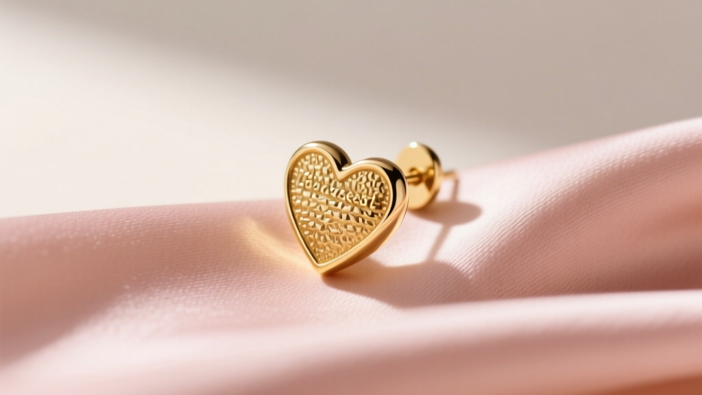 Macro shot of an 18-gauge gold vermeil nugget heart earring post and la pousette backing, resting gently on soft blush silk fabric.