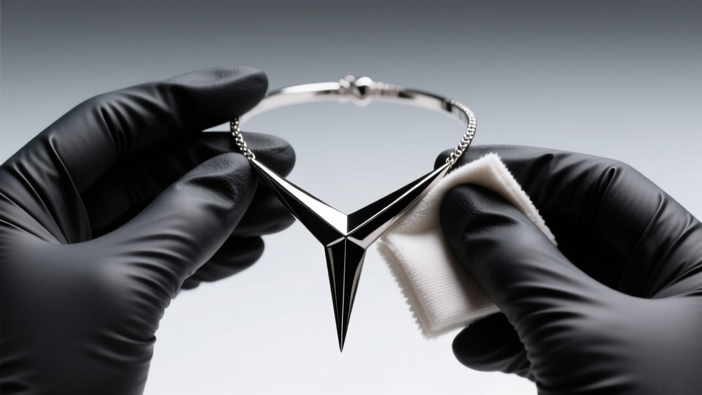Nitrile-gloved hands using a microfiber cloth to gently polish a black PVD-coated titanium spike necklace under soft light.