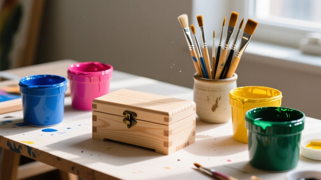 Organized craft table with open pots of vibrant acrylic jewelry box paint, fine brushes, and a lightly sanded wooden keepsake box