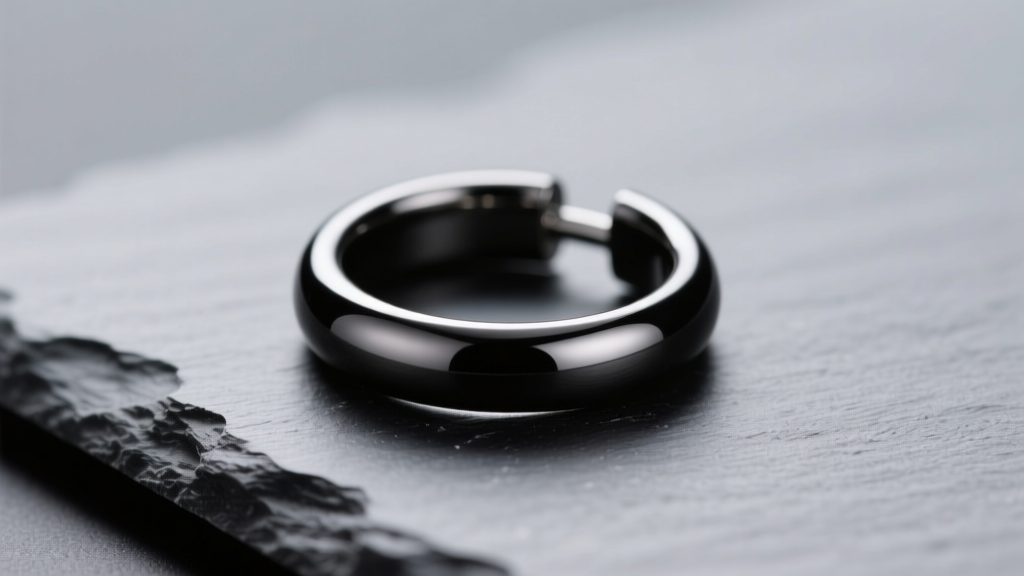 Close-up of a 16-gauge PVD black titanium clicker hoop on slate, with side lighting highlighting the matte dark metal finish