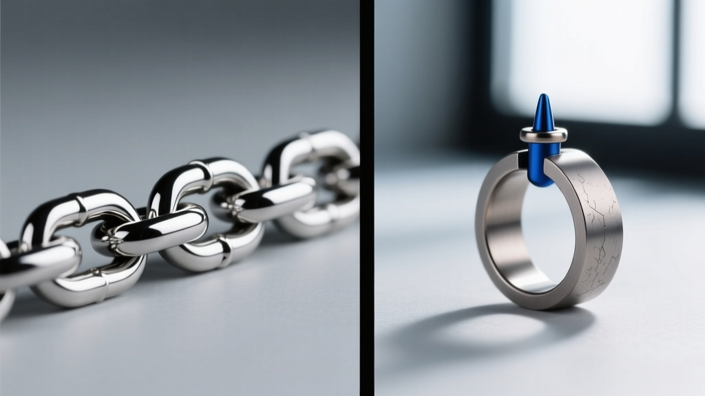 Split-screen macro shot comparing a polished 316L stainless steel curb chain and a matte ASTM F136 titanium septum clicker ring.