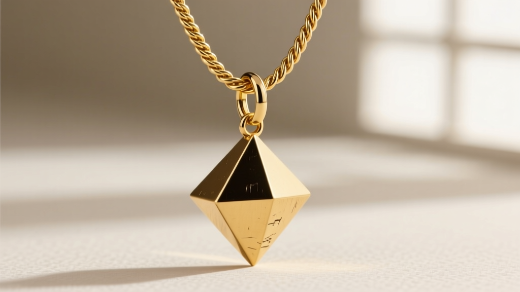 Macro photography of a 1.5mm 14k gold rope chain connected to a 5mm soldered jump ring holding a heavy geometric brass pendant