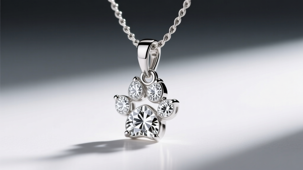 Side profile of a diamond paw print necklace showing the hidden bail loop and a 1.0mm cable chain passing through smoothly.