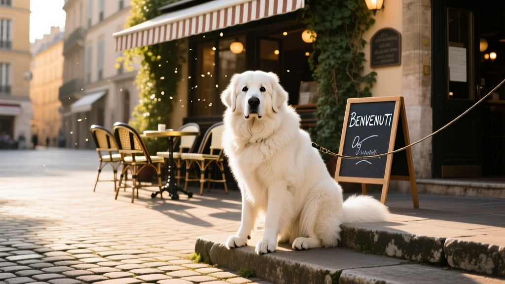 A Great Pyrenees sitting calmly outside a charming café in a sunlit European city square