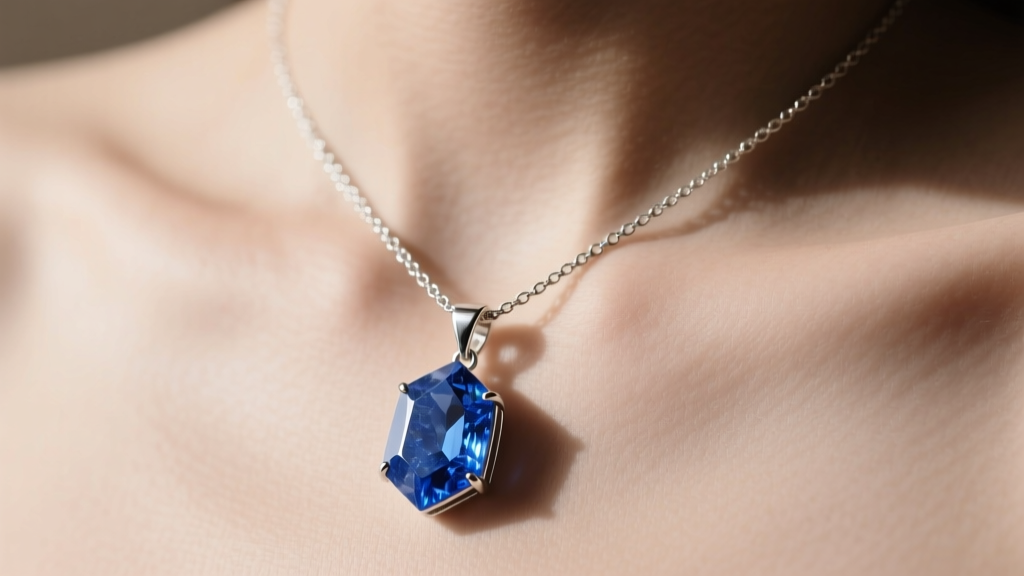 Sterling silver necklace with raw blue kyanite pendant on a collarbone, softly lit against a beige backdrop in an editorial style