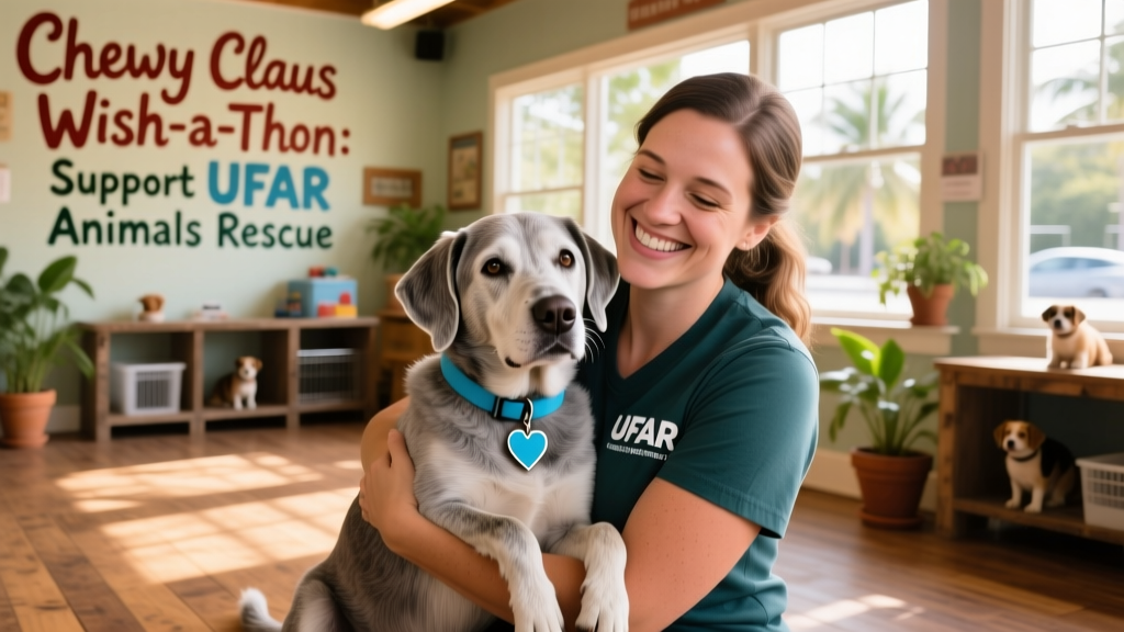 A joyful UFAR volunteer holding a gentle senior dog at their Margate, Florida facility