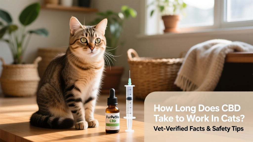 A calm, relaxed cat sitting beside a small dropper bottle labeled 'FurPetVo CBD' and a measuring syringe