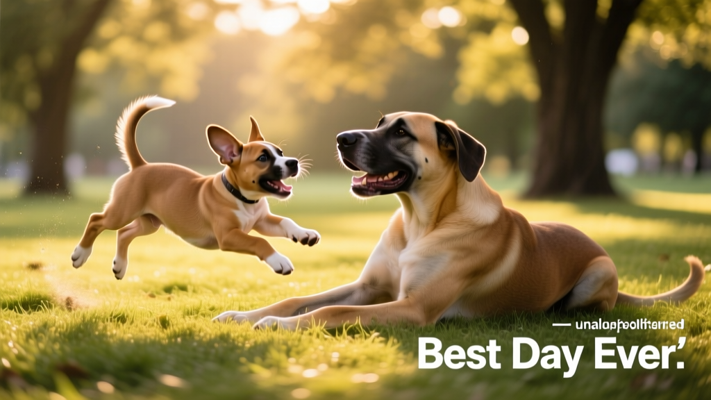 The same Pittie puppy mid-play with a gentle giant dog in a sunlit park, both dogs tumbling together on soft grass