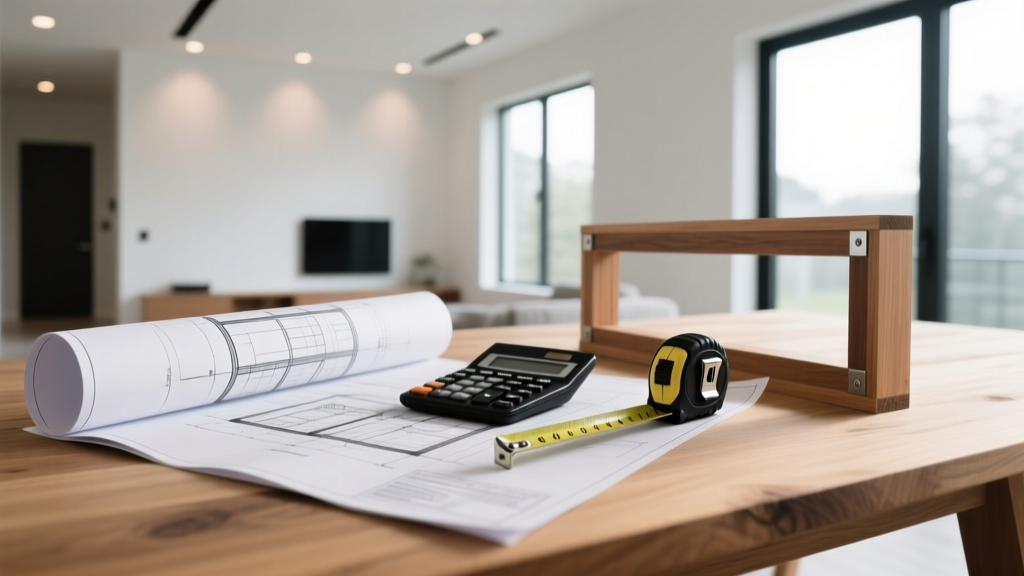Architectural blueprints spread on a plywood table next to a calculator, tape measure, and modern home framing in the background