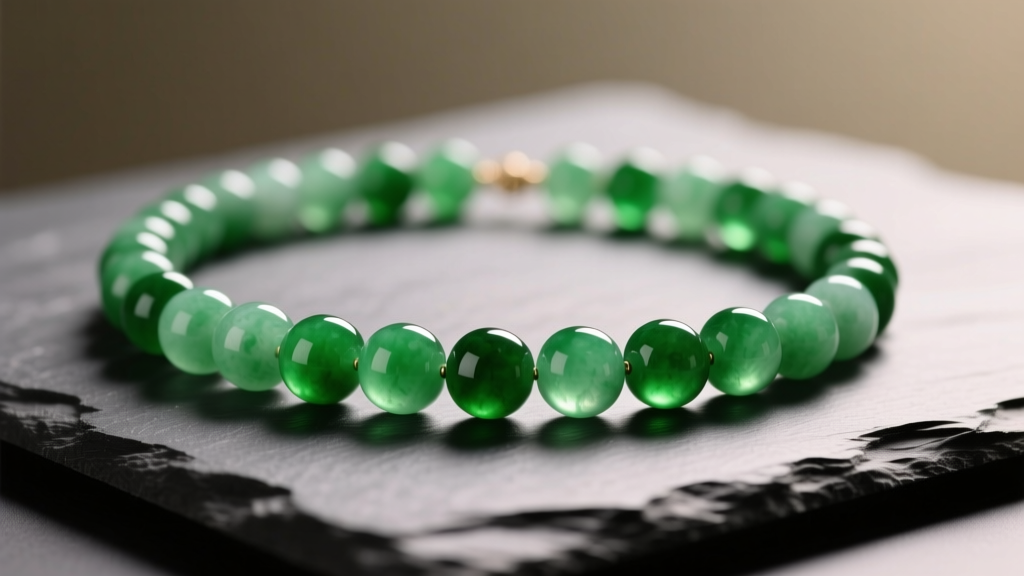 Type A imperial green jadeite bead necklace on dark slate, highlighting translucent gemstone quality under soft studio lighting