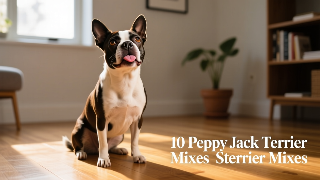 boston terrier jack russell terrier mix sitting on hardwood floor looking up at the camera