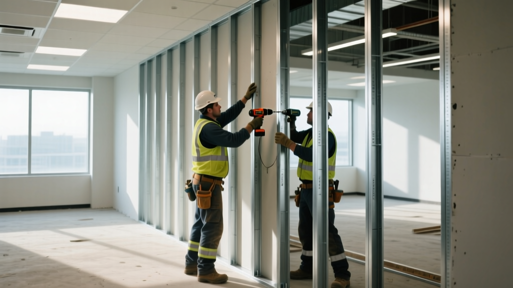 Construction workers installing 20-gauge galvanized lightweight steel framing studs on a commercial interior partition wall.