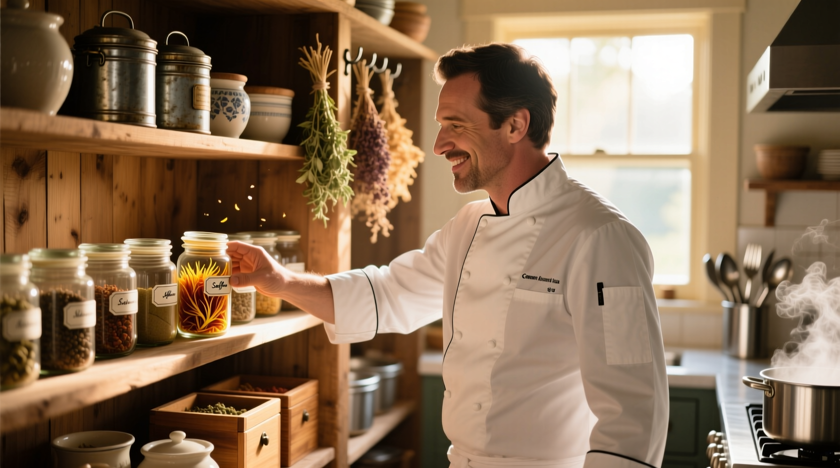 Chef selecting ingredients from well-organized pantry