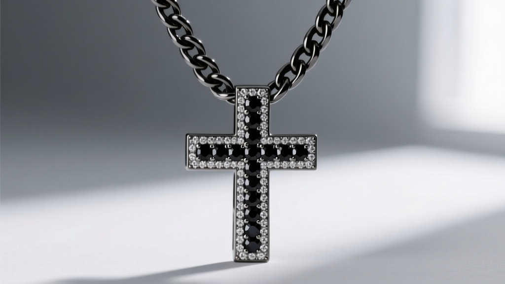 Close-up of a mens black diamond cross necklace in matte tungsten carbide with pavé treated black diamonds on a thick curb chain