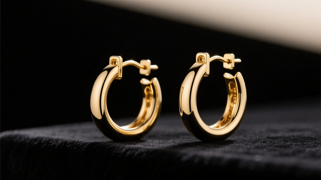 Gold vermeil hoop earring sets displayed on dark velvet, soft lighting highlighting polished metal textures and clasp details.