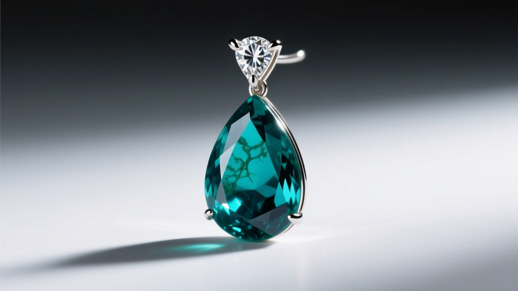 Side profile of Zambian emerald teardrop earring with V-prong diamond cap showing deep bluish-green saturation and natural jardin