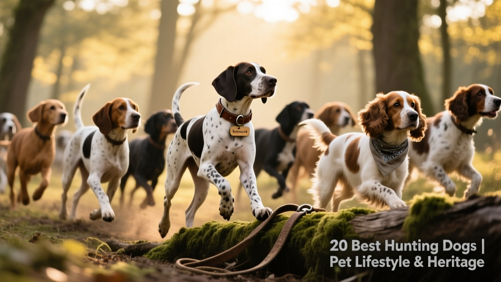 A diverse group of hunting dogs working together in open woodland—pointers, hounds, and spaniels alert and focused