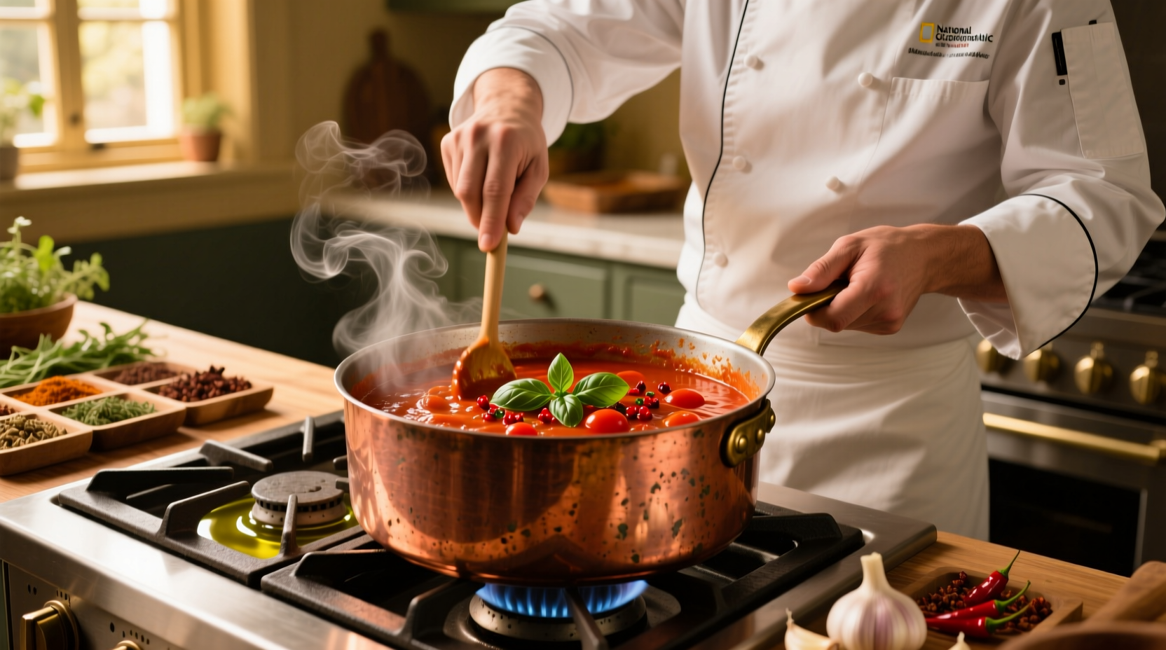 Chef stirring tomato sauce with garlic in copper pot