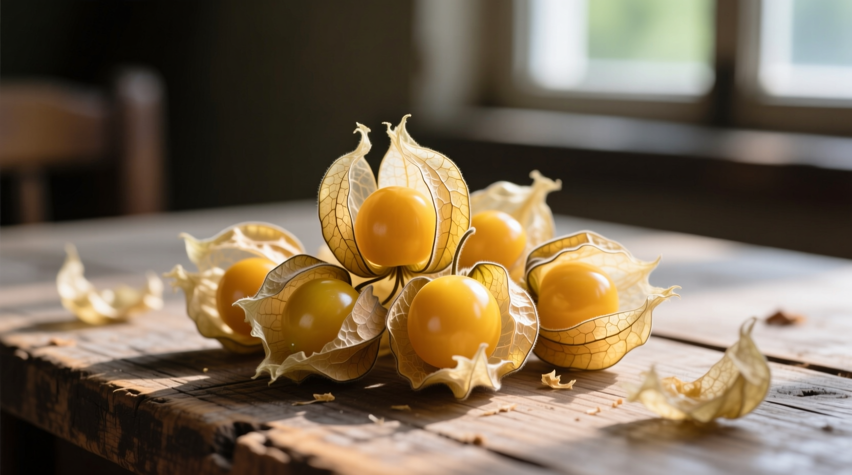 Ripe Cape Gooseberries inside their papery husks on a wooden table
