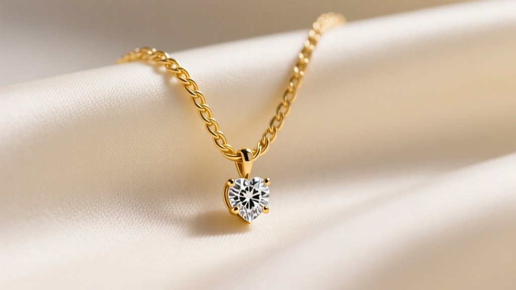 Close-up of a 14k yellow gold cable chain holding a bezel-set small diamond heart necklace resting on soft ivory silk fabric.