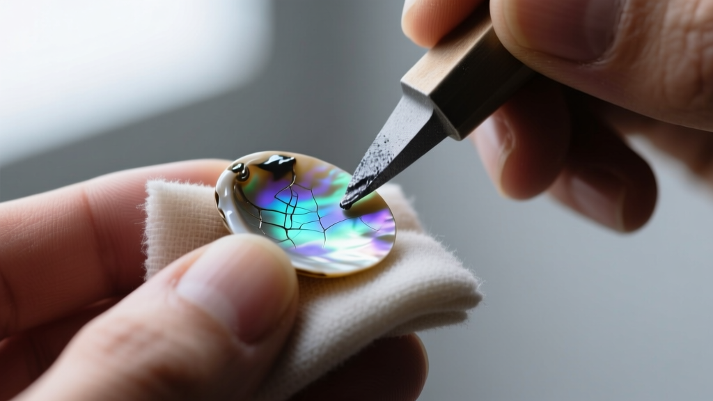 Macro shot of a jeweler applying tin oxide polishing paste with a soft cloth to a dull, etched mother-of-pearl shell gem piece.